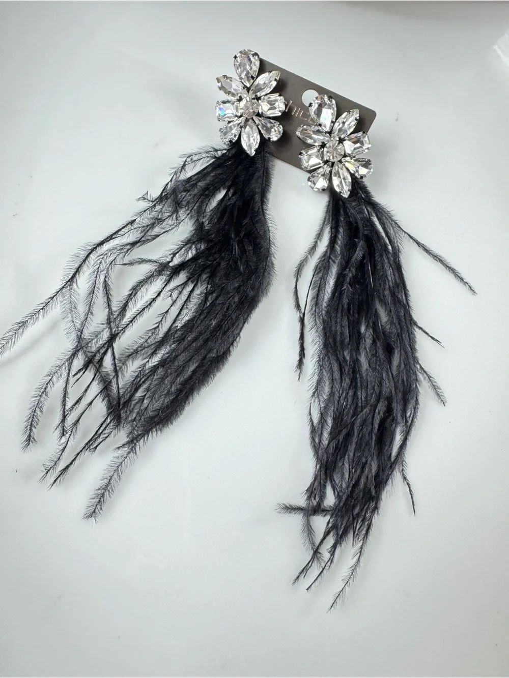 Chico's Crystal Flower Earrings with Black Feathers